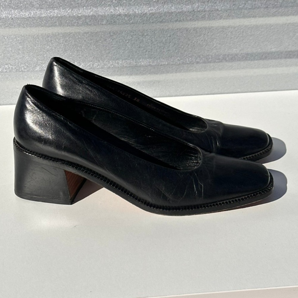 Jil Sander Vintage Black Leather Square Toe Block Heel Pumps Made in Spain 38 - Picture 2 of 13